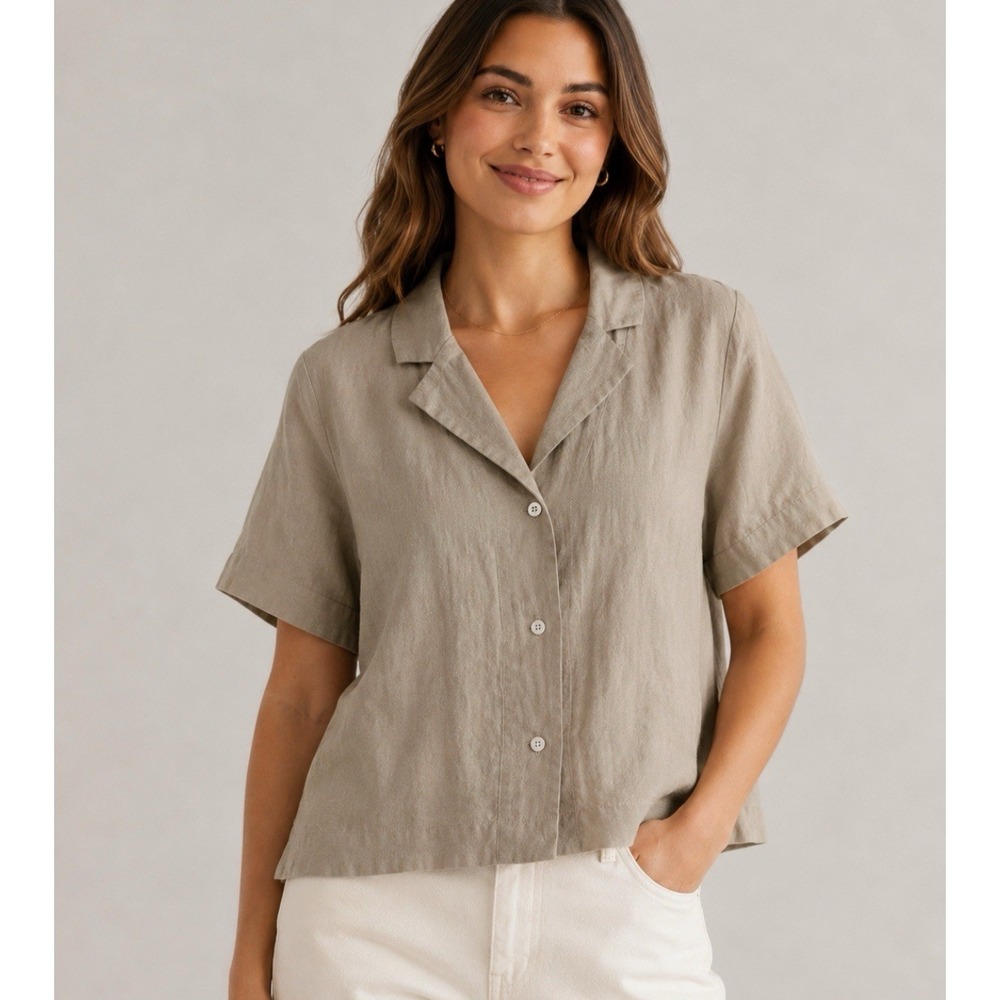 Quince European Linen Short Sleeve Shirt Womens Small Beige Body Button Up